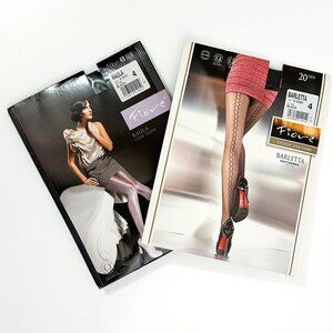 2 Pairs of Fiore Designer Patterned Pantyhose, Size 4